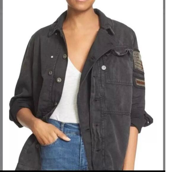 Free People Distressed Beaded Military Shirt Jacket EUC Black Washed Out XS - Picture 2 of 5